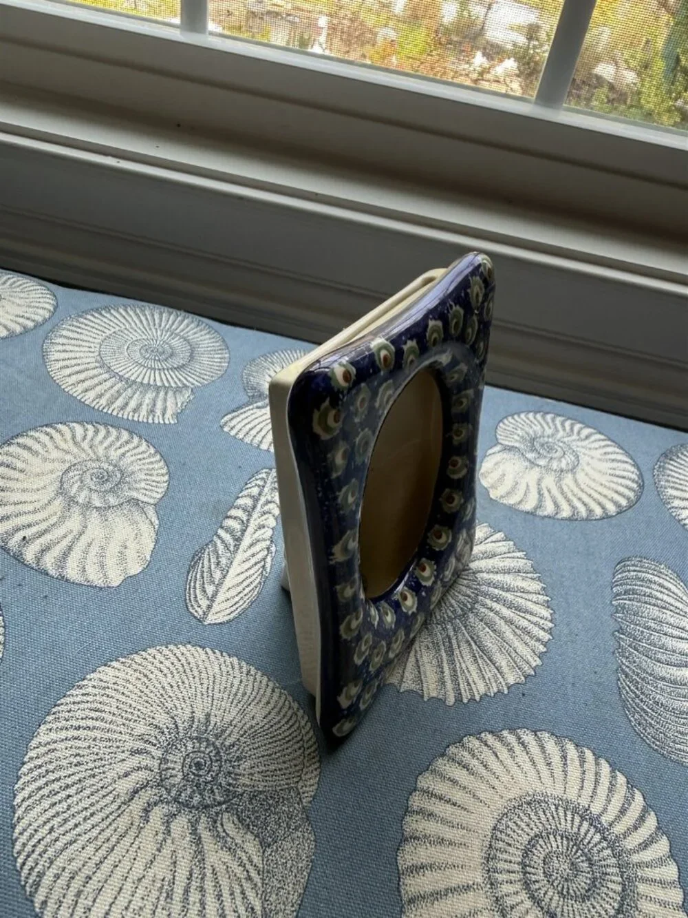 Polish Pottery Stoneware Frame Blue Peacock Circles Freestanding